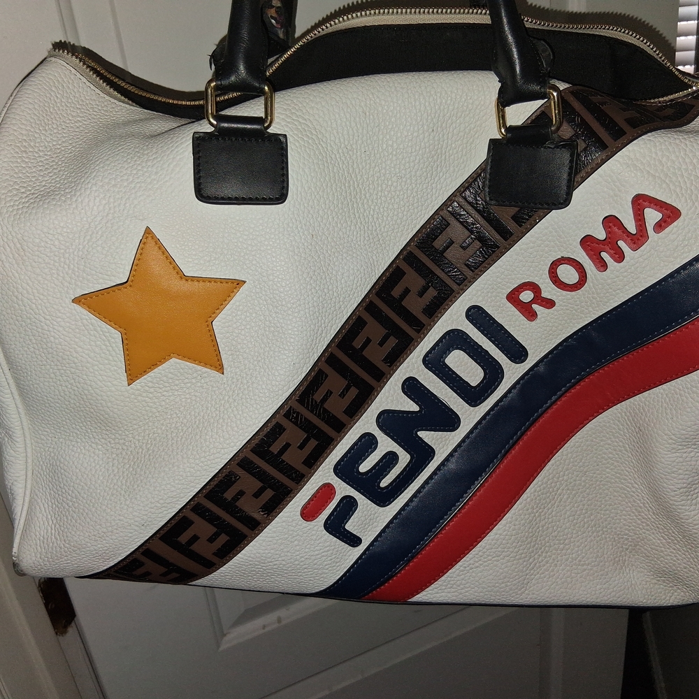 Fendi White Duffel Bag with Black, Blue, and Yellow Star